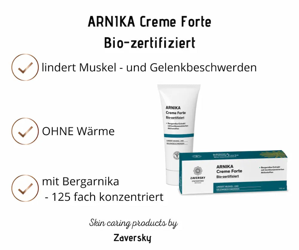 ARNIKA Creme Forte bio-zertifiziert von Zaversky als Tube und Schachtel, mit Hinweisen zu Muskel- und Gelenkbeschwerden, ohne Wärme und Bergarnika