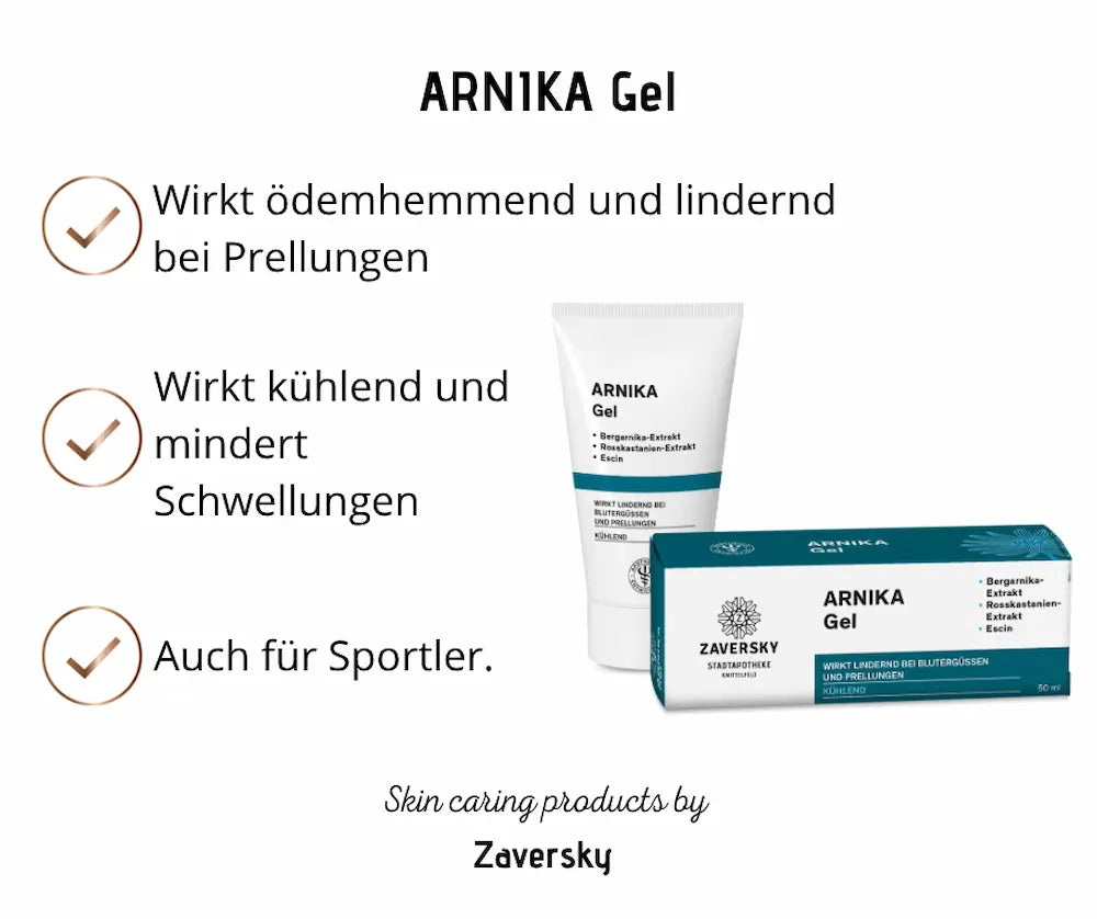 Arnika Gel von Zaversky, weiße Tube und petrolfarbene Verpackung mit Bergarnika-Extrakt, Rosskastanien-Extrakt und Escin, 50 ml