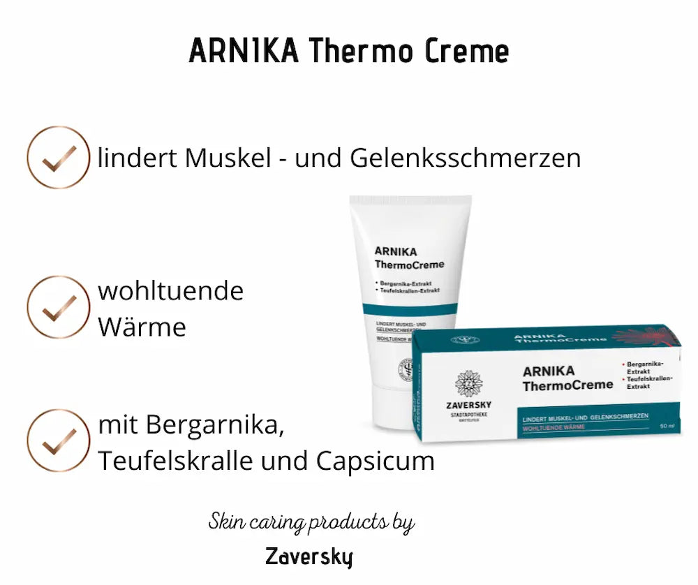 Infografik zur ARNIKA ThermoCreme von Zaversky mit Tube und Verpackung sowie Hinweisen auf wohltuende Wärme bei Muskel- und Gelenksschmerzen