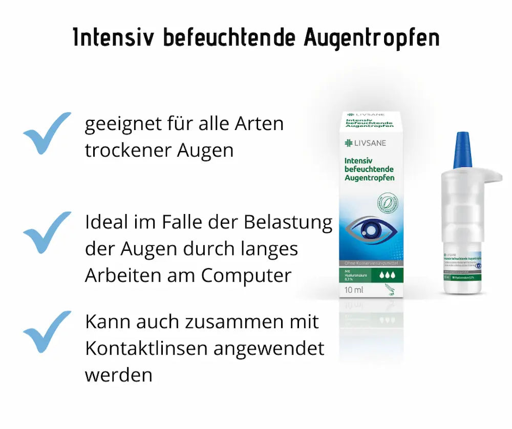 Livsane Intensiv befeuchtende Augentropfen, 10 ml, mit Hyaluronsäure, ohne Konservierungsmittel, Infografik mit Faltschachtel, Tropfflasche und Anwendungsvorteilen