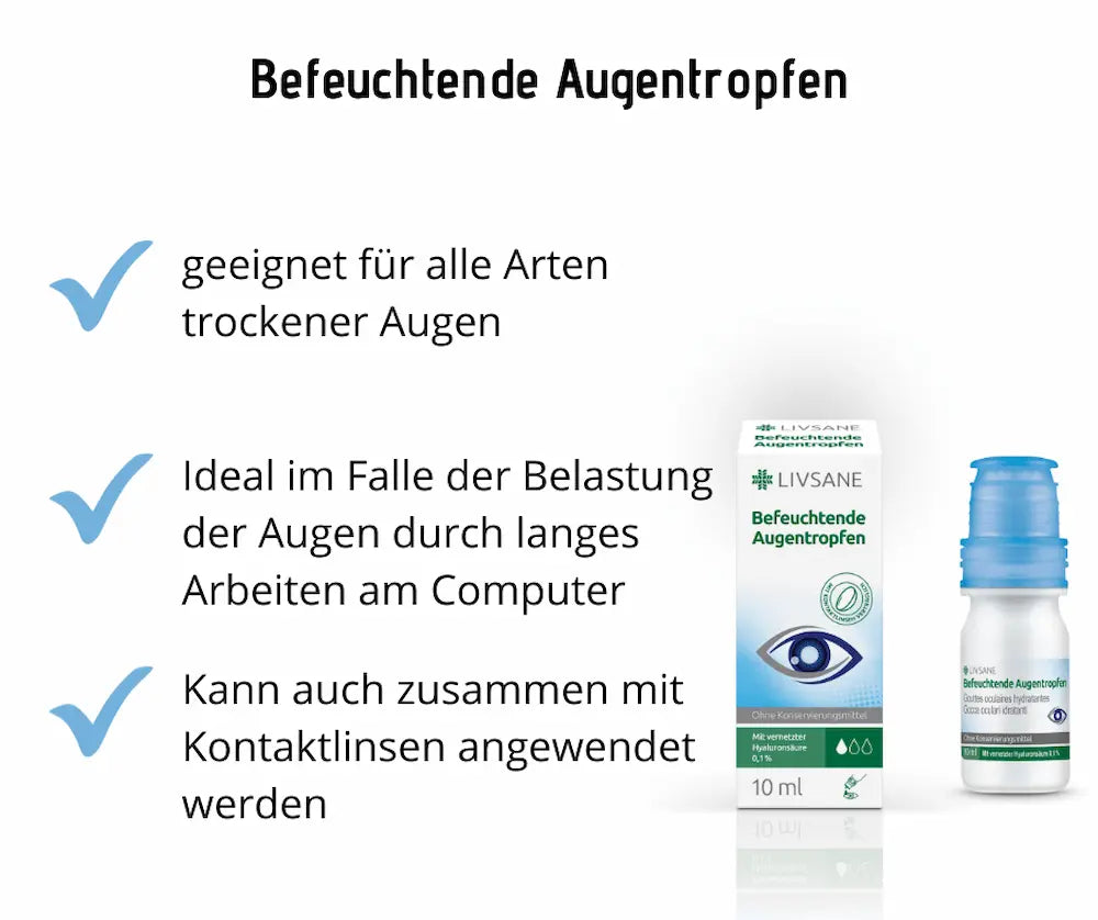 Infografik zu Livsane Befeuchtenden Augentropfen mit Faltschachtel und Tropfflasche, Hyaluronsäure 0,1 %, 10 ml, plus drei Anwendungsvorteilen