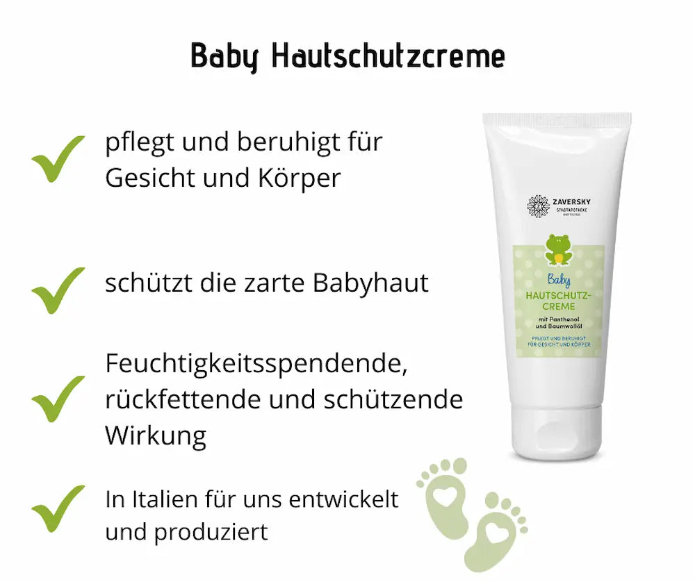 Infografik zur Baby Hautschutzcreme von Zaversky mit weißer Tube, grünem Frosch und vier Pflegehinweisen