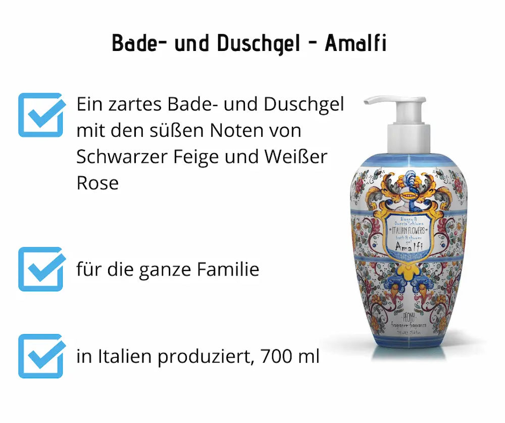 Bade- und Duschgel Amalfi Italian Flowers im dekorativen Pumpspender mit floralem Muster, 700 ml, Noten von Schwarzer Feige und Weißer Rose, für die ganze Familie, hergestellt in Italien.