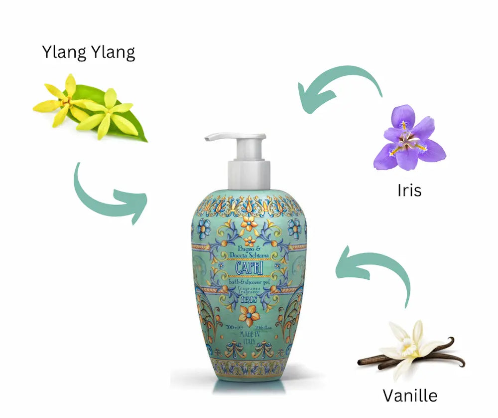 Bade- und Duschgel Capri Iris im verzierten Pumpspender mit 700 ml, umgeben von Ylang Ylang, Iris und Vanille