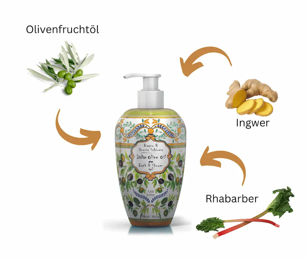 Bade- und Duschgel Italian Olive Oil in dekorativer Pumpflasche mit Oliven-Motiv, 700 ml, mit Olivenfruchtöl, Ingwer und Rhabarber