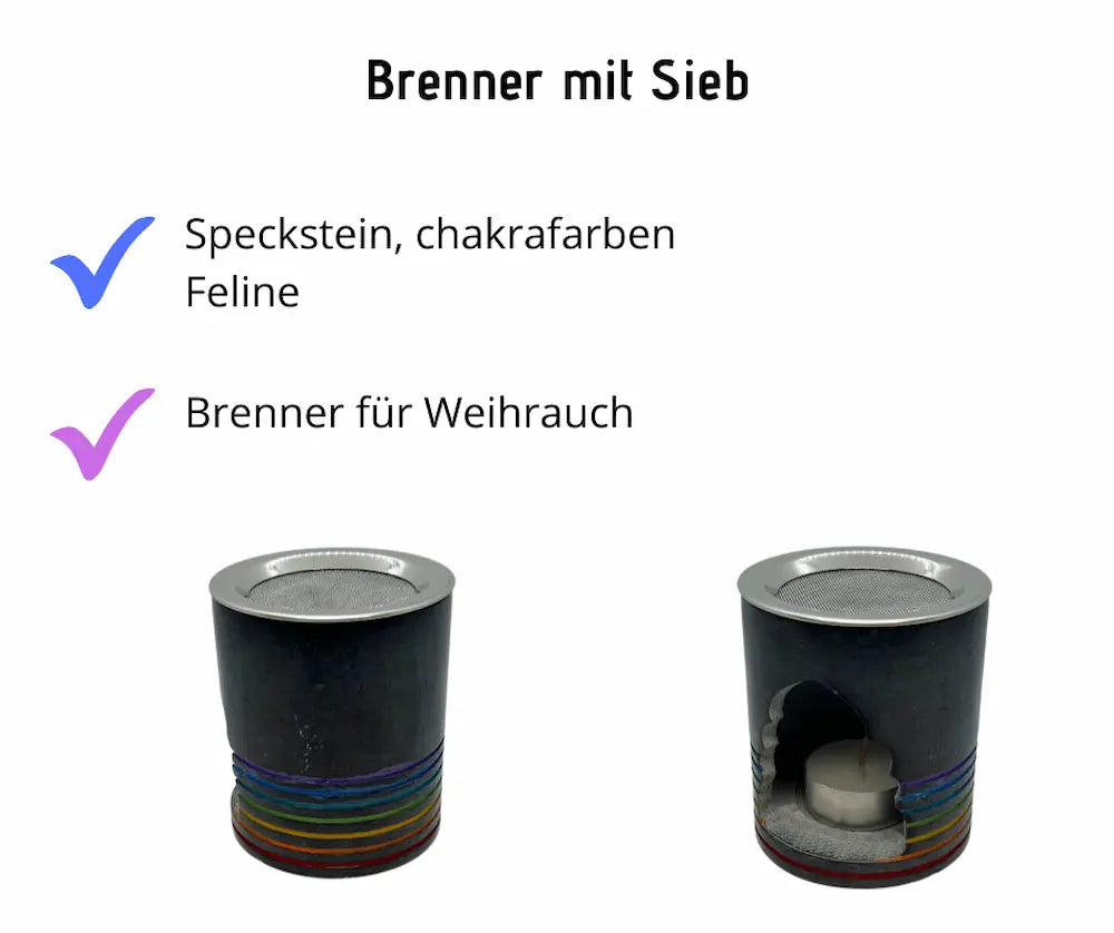 Speckstein-Brenner für Weihrauch mit Metallsieb und chakrafarbenen Streifen, zwei Ansichten mit Teelicht – Zaversky Stadtapotheke Knittelfeld