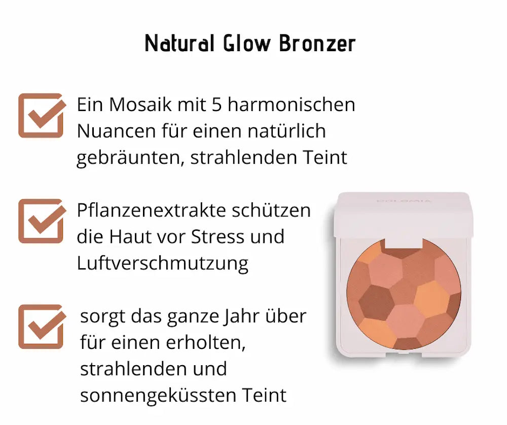Natural Glow Bronzer von Dolomia in heller Kompaktdose mit Mosaikmuster in fünf Brauntönen, Infografik mit drei Produktvorteilen
