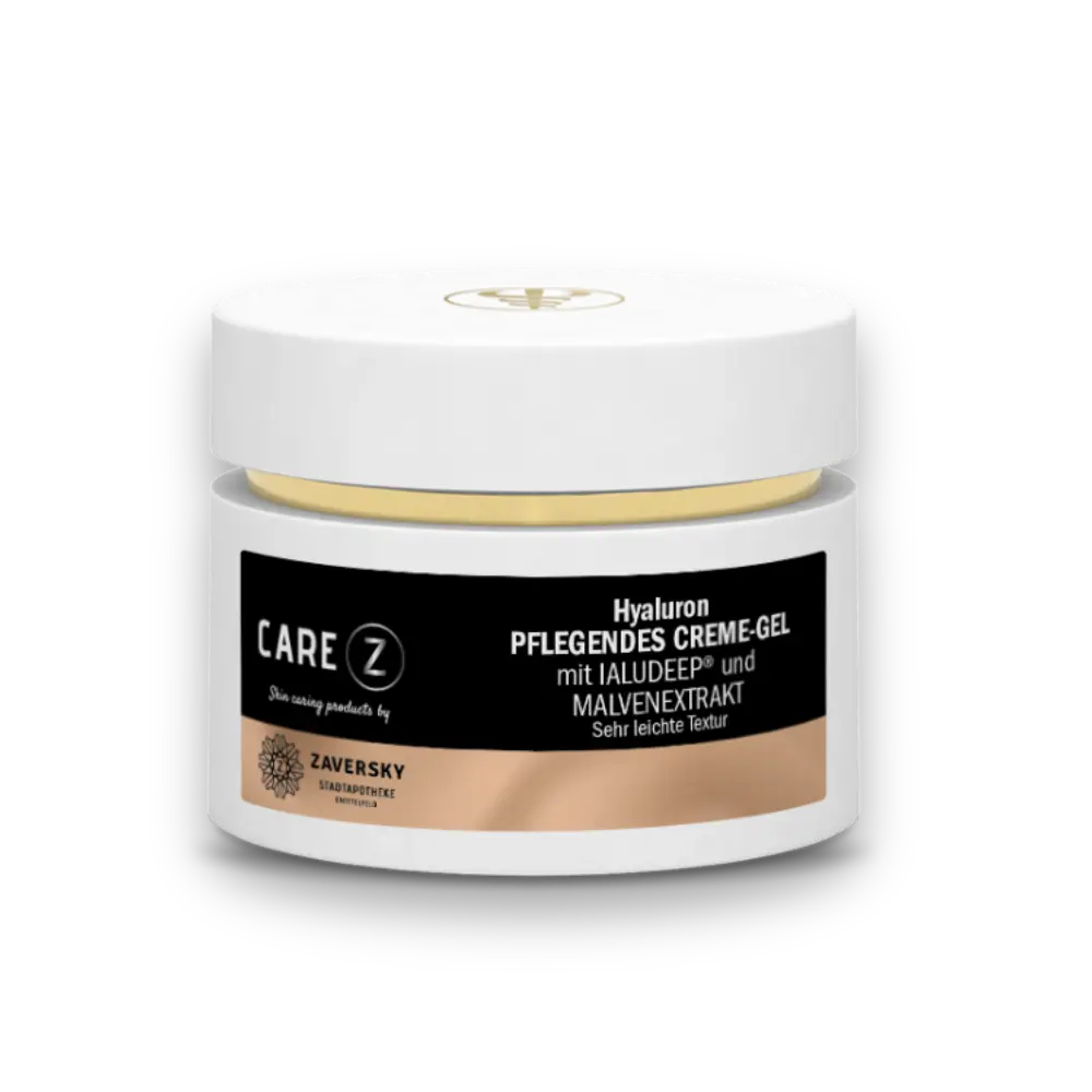 CARE Z Hyaluron Pflegendes Creme-Gel mit Ialudeep und Malvenextrakt, weißer Tiegel mit schwarz-beigem Etikett, Vorderansicht.