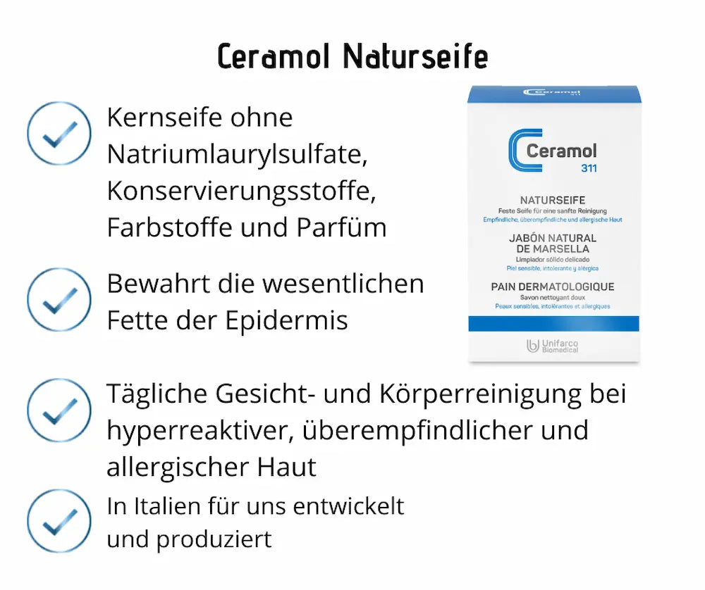 Ceramol 311 Naturseife Verpackung mit Infografik: Kernseife ohne Sulfate und Parfüm, für empfindliche und allergische Haut