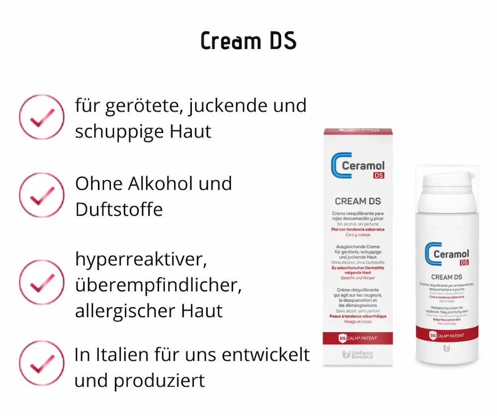 Ceramol DS Cream mit Faltschachtel und weißem Spender, Hinweise zu Anwendung bei geröteter, juckender und schuppiger Haut