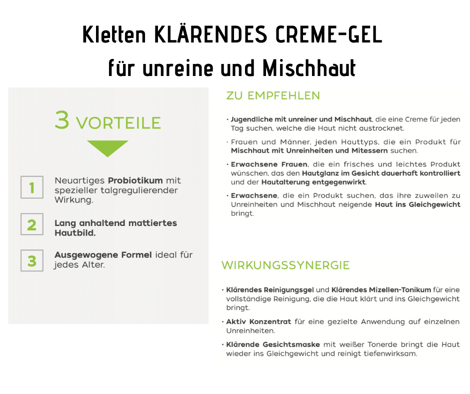 Infografik zum klärenden Creme-Gel für unreine und Mischhaut mit drei Vorteilen, Anwendungsempfehlungen und Hinweisen zur Wirkungssynergie