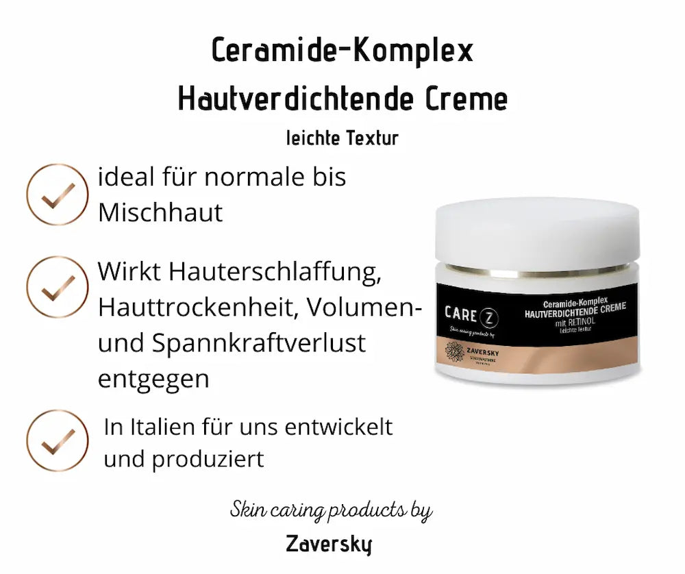 CARE Z Ceramide-Komplex Hautverdichtende Creme mit Retinol im weißen Tiegel, Infografik mit Vorteilen, leichte Textur