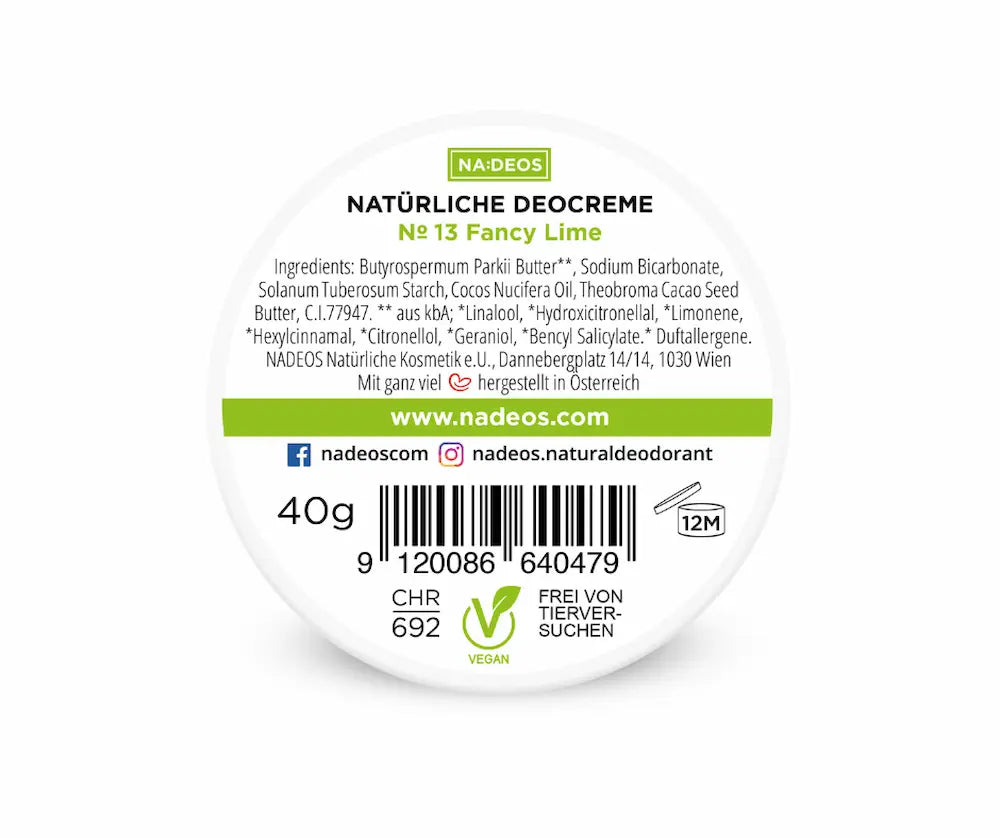NADEOS Natürliche Deocreme N° 13 Fancy Lime in weißer runder Dose, 40 g, vegan, Draufsicht mit Etikett und Inhaltsstoffen