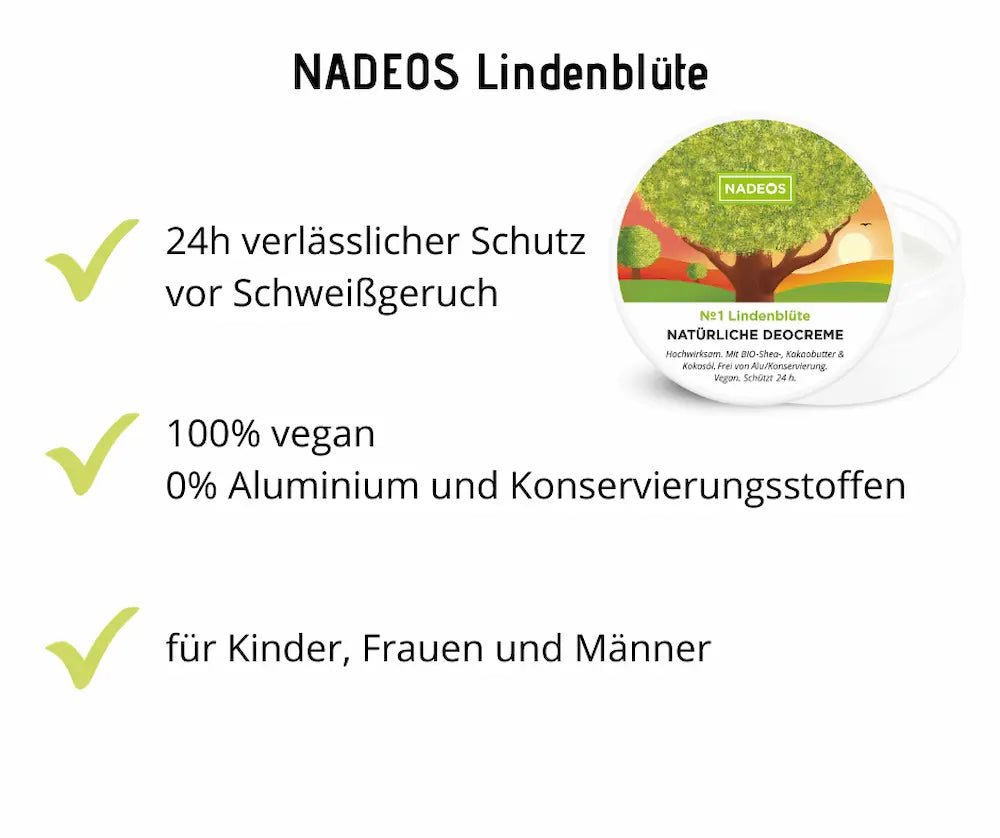 NADEOS Lindenblüte natürliche Deocreme im geöffneten Tiegel mit Baummotiv und Infografik zu 24h Schutz, vegan und für alle