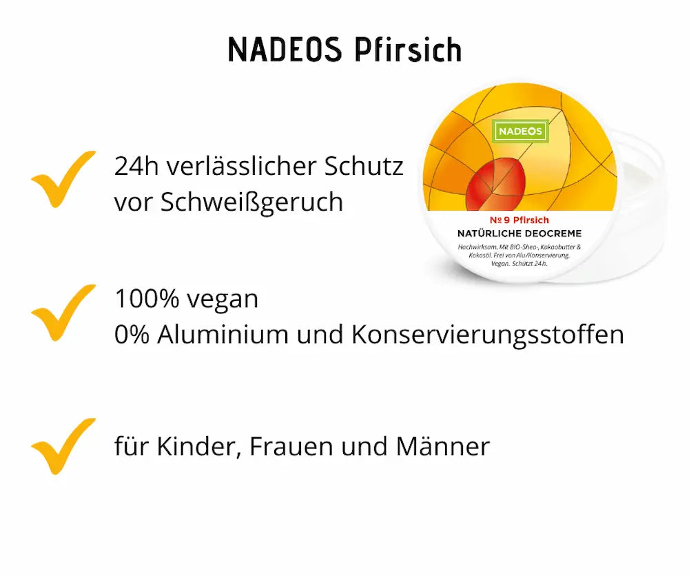 NADEOS Nº 9 Pfirsich natürliche Deocreme im offenen Tiegel mit orangefarbenem Deckel, Infografik mit den Hinweisen 24h Schutz vor Schweißgeruch, 100% vegan, 0% Aluminium und für Kinder, Frauen und Männer