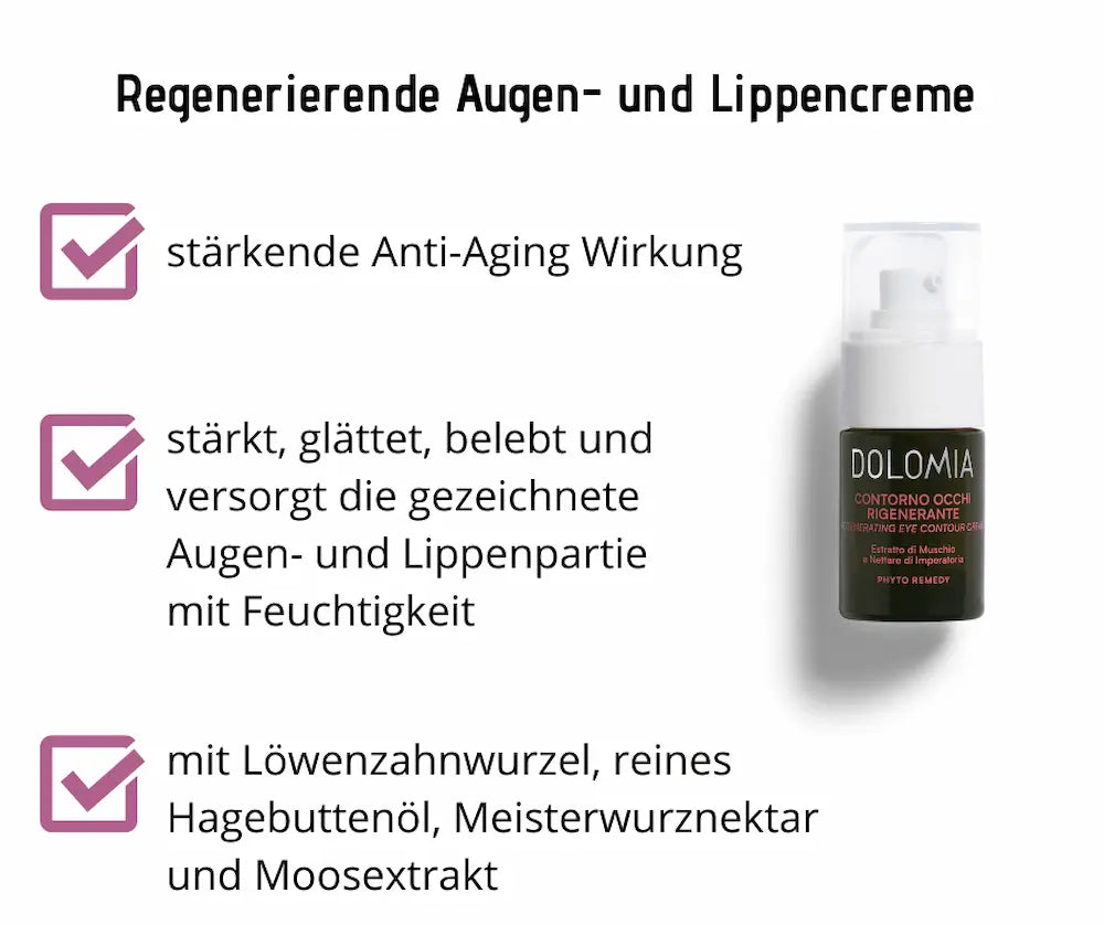 Dolomia regenerierende Augen- und Lippencreme im dunklen Pumpspender, Infografik mit Anti-Aging-Wirkung, Pflegehinweisen und Inhaltsstoffen