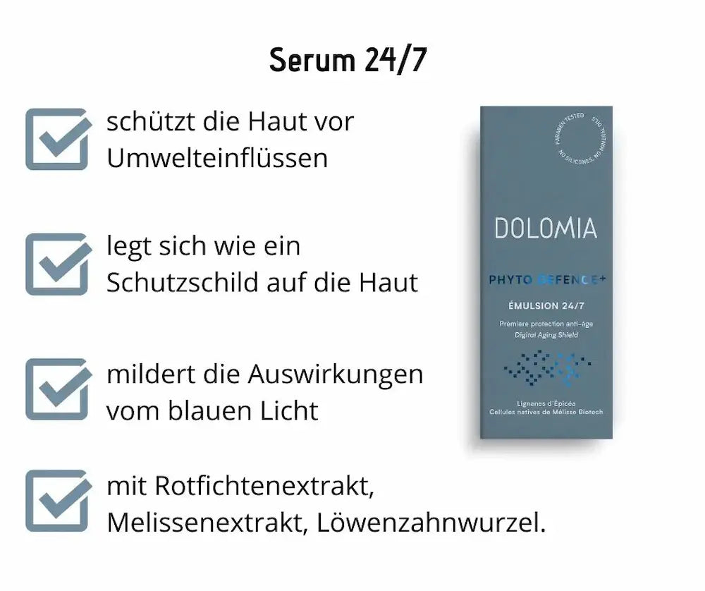 Infografik zu Dolomia Phyto Defence+ Émulsion 24/7 mit vier Vorteilen: Schutz vor Umwelteinflüssen, Schutzschild, Schutz vor blauem Licht, Pflanzenextrakte