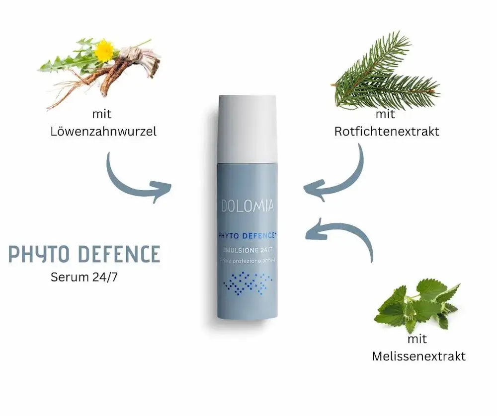 Dolomia Phyto Defence Serum 24/7 Emulsione in blauer Pumpflasche mit Löwenzahnwurzel, Rotfichtenextrakt und Melissenextrakt