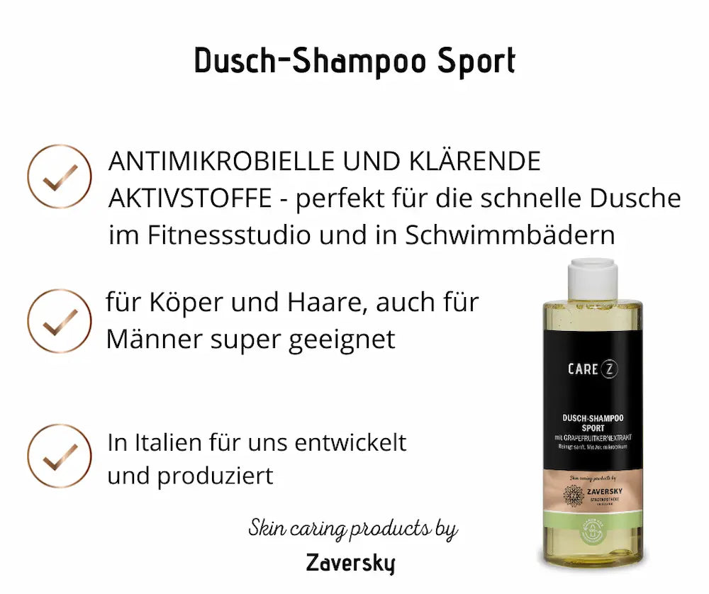 CARE Z Dusch-Shampoo Sport mit Grapefruitkernextrakt, Infografik mit Vorteilen für Körper und Haare sowie Produktflasche.
