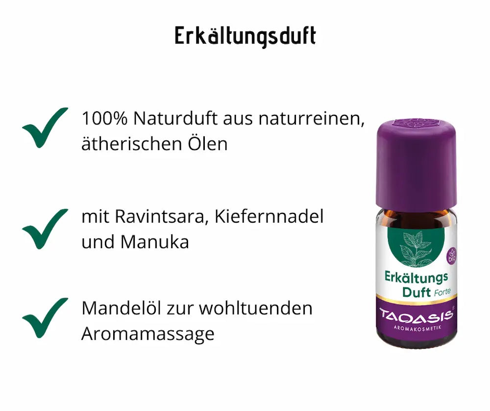 Infografik zu Taoasis Erkältungsduft Forte mit brauner Tropfenflasche und violettem Deckel, dazu Hinweise zu 100% Naturduft aus ätherischen Ölen, Ravintsara, Kiefernnadel, Manuka und Mandelöl