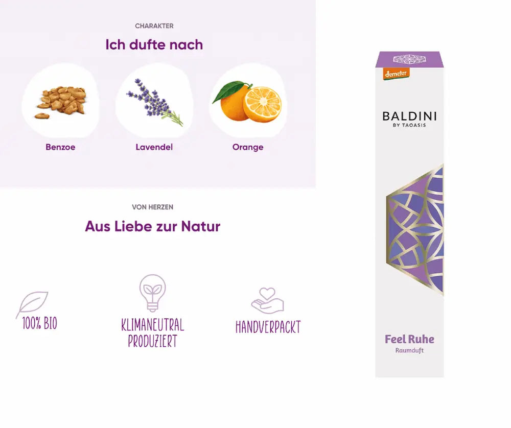 Infografik zum Baldini by Taoasis Feel Ruhe Raumduft mit Duftnoten Benzoe, Lavendel und Orange, Demeter-Siegel sowie Hinweisen 100% Bio, klimaneutral produziert und handverpackt, daneben die violett-weiße Verpackung
