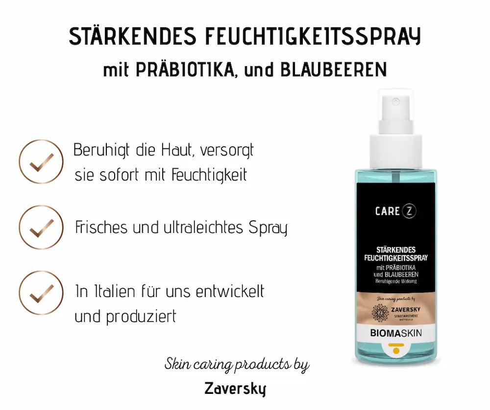 CareZ Stärkendes Feuchtigkeitsspray mit Präbiotika und Blaubeeren in türkiser Sprühflasche, Produktgrafik mit Vorteilen von Zaversky