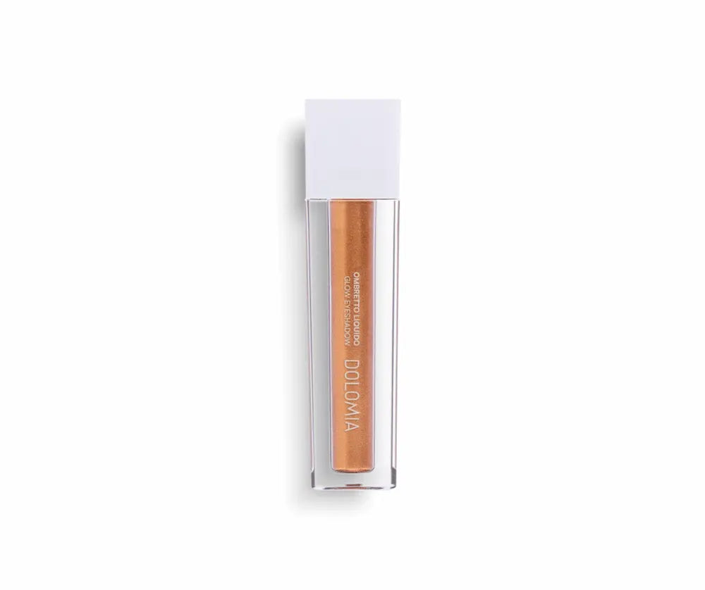 Flüssiger Lidschidschatten Glow Eyeshadow von Dolomia in schimmerndem Kupferton, transparenter Applikator mit weißer Kappe, Vorderansicht.
