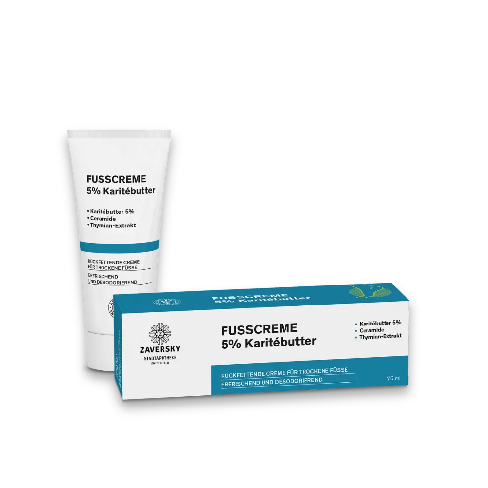 Zaversky Fußcreme mit 5% Karitébutter, Tube und Verpackung in Weiß-Petrol mit Ceramide und Thymian-Extrakt, 75 ml.