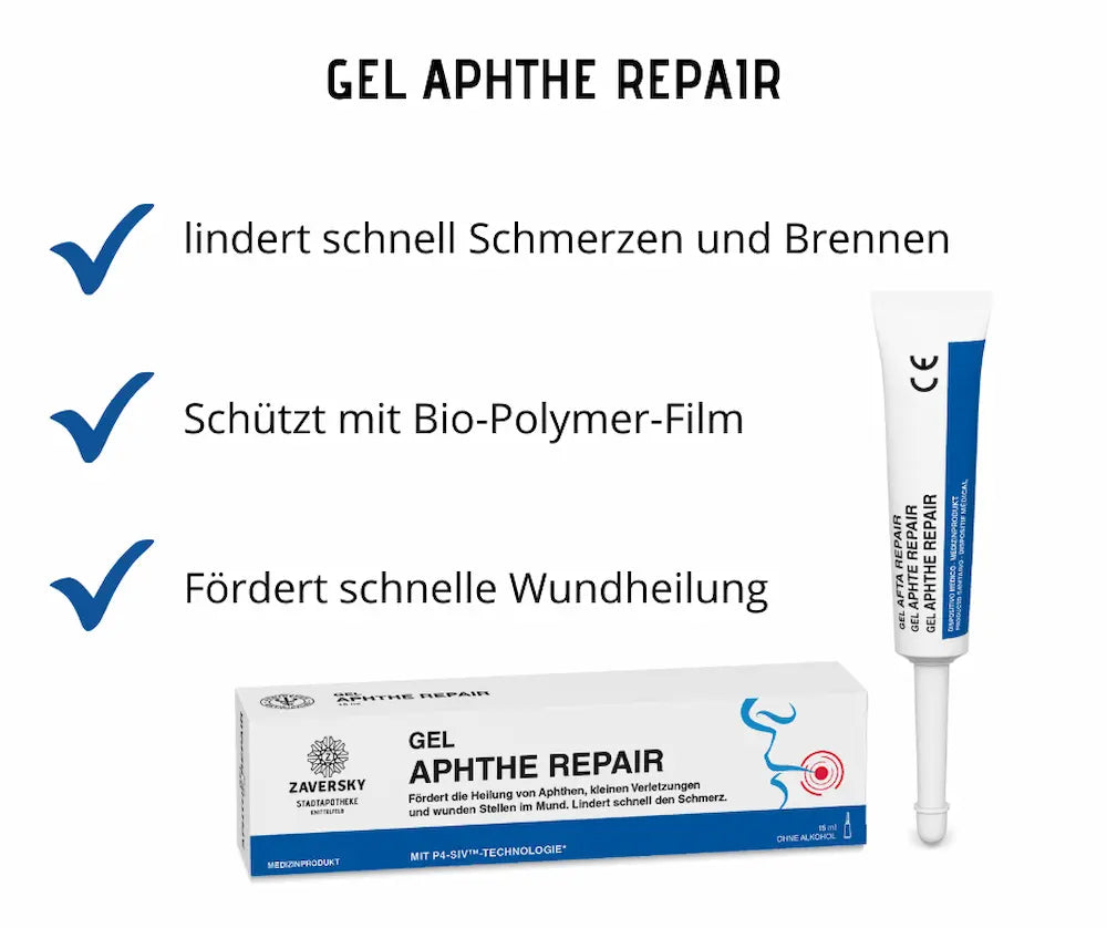Gel Aphthe Repair von Zaversky mit Tube und Verpackung, Hinweise zu Schmerzlinderung, Bio-Polymer-Film und Wundheilung.