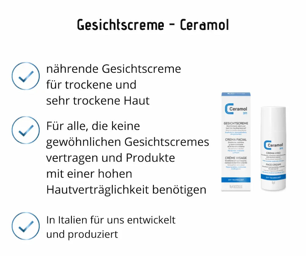 nfografik zur Ceramol 311 Gesichtscreme mit Verpackung und Spender, hervorgehoben für trockene Haut und hohe Hautverträglichkeit