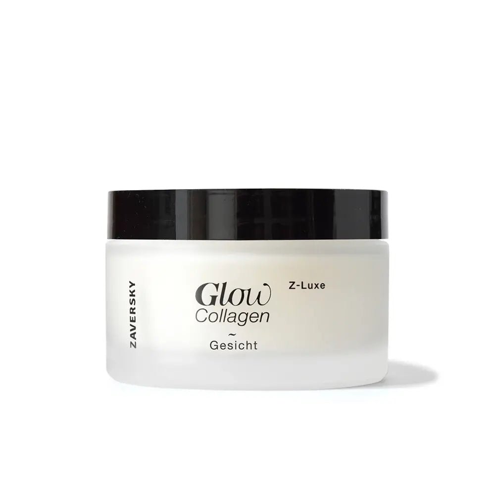 Zaversky Glow Collagen Z-Luxe Gesichtscreme im weissen Tiegel mit schwarzem Deckel, Vorderansicht