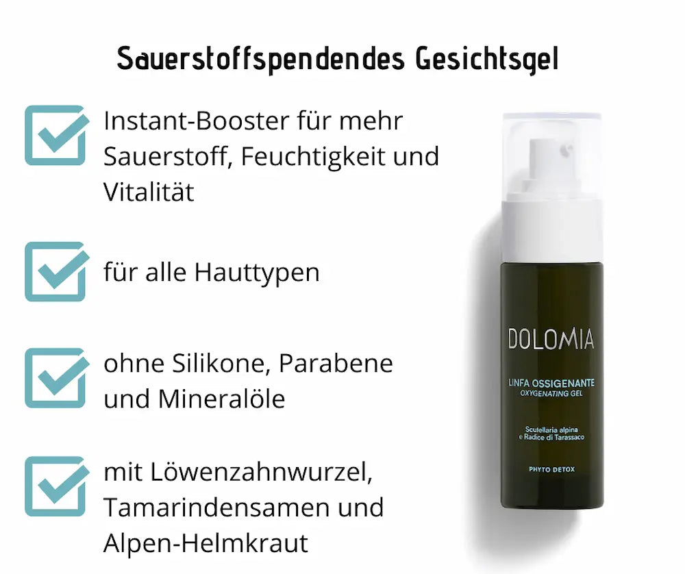 Sauerstoffspendendes Gesichtsgel von Dolomia in dunkler Pumpflasche, Infografik mit Vorteilen wie mehr Sauerstoff, Feuchtigkeit und für alle Hauttypen.