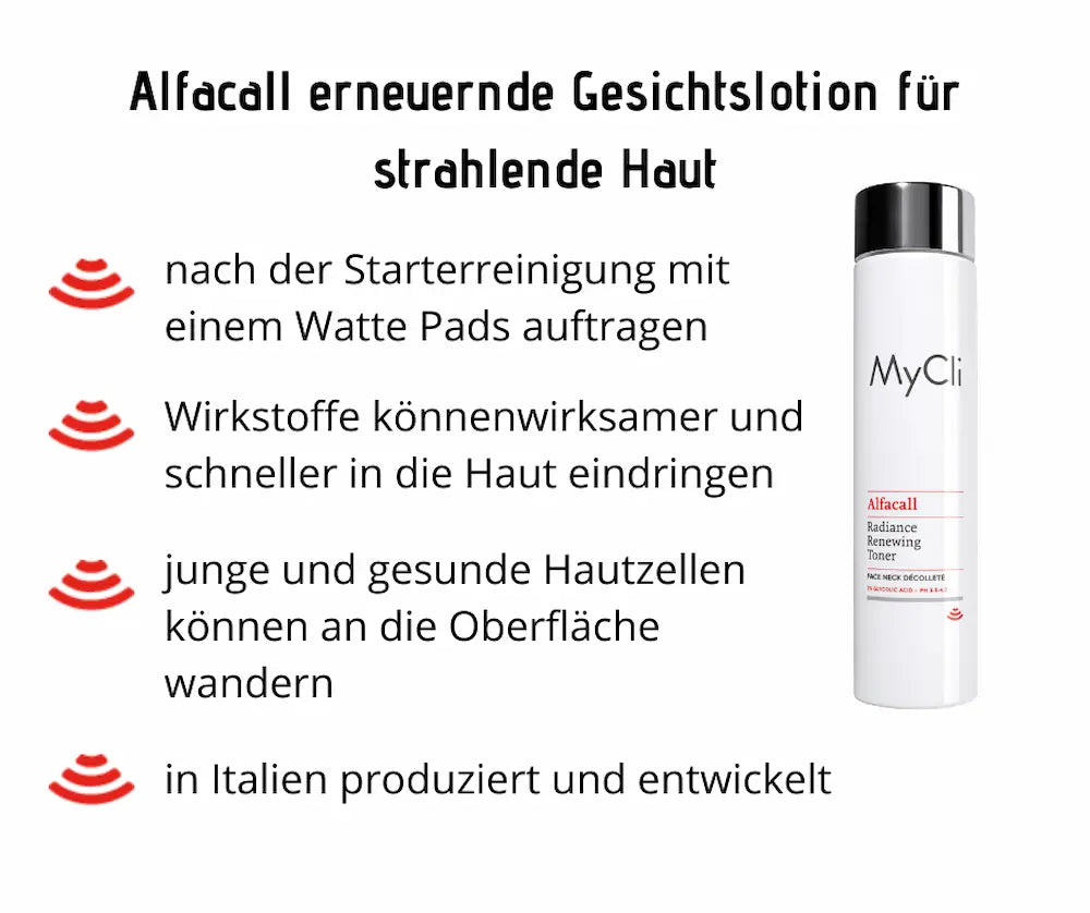MyCli Alfacall Radiance Renewing Toner in weißer Flasche mit schwarzem Deckel, Infografik mit vier Anwendungsmerkmalen