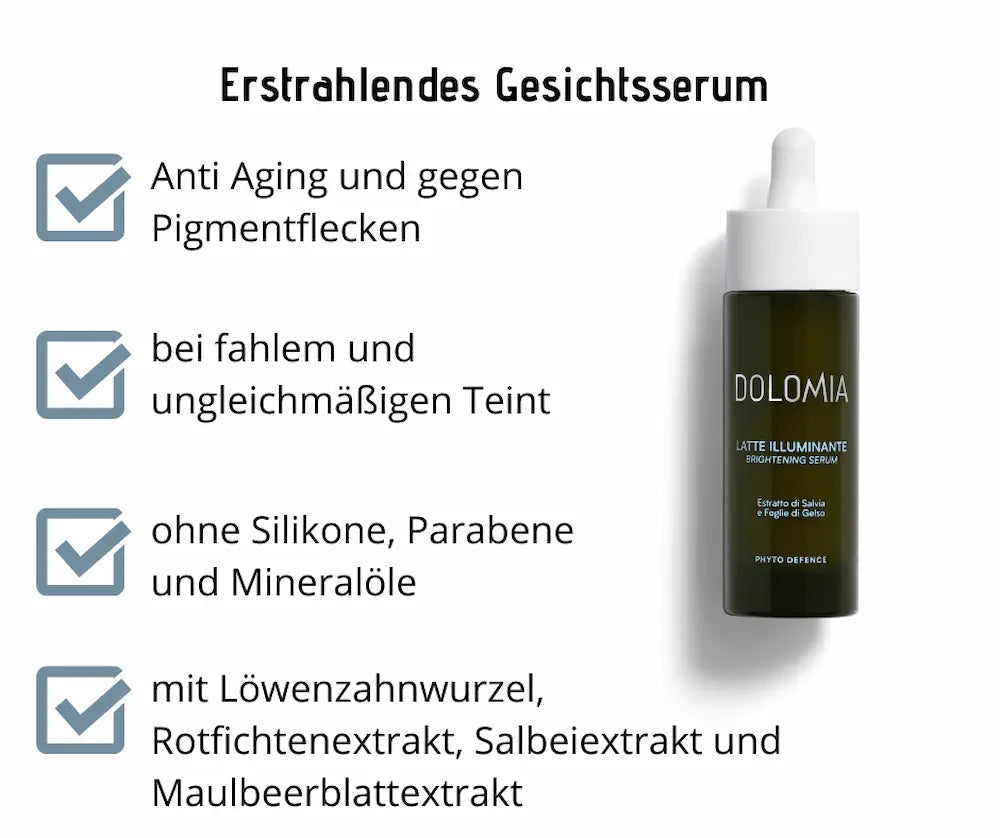 Dolomia Latte Illuminante Brightening Serum in dunkler Tropfflasche, Infografik zu Anti-Aging-Pflege gegen Pigmentflecken und für strahlenden Teint