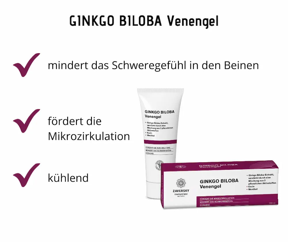 Ginkgo Biloba Venengel von Zaversky als Tube und Verpackung, Infografik mit Hinweisen zu Mikrozirkulation, Schweregefühl und kühlender Wirkung