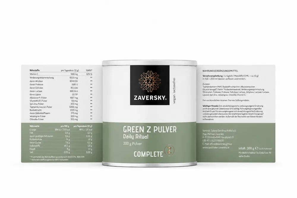 ZAVERSKY Green Z Pulver Daily Ritual, weiß-grüne 300 g Dose mit aufgeklapptem Etikett samt Nährwerttabelle und Zutatenliste