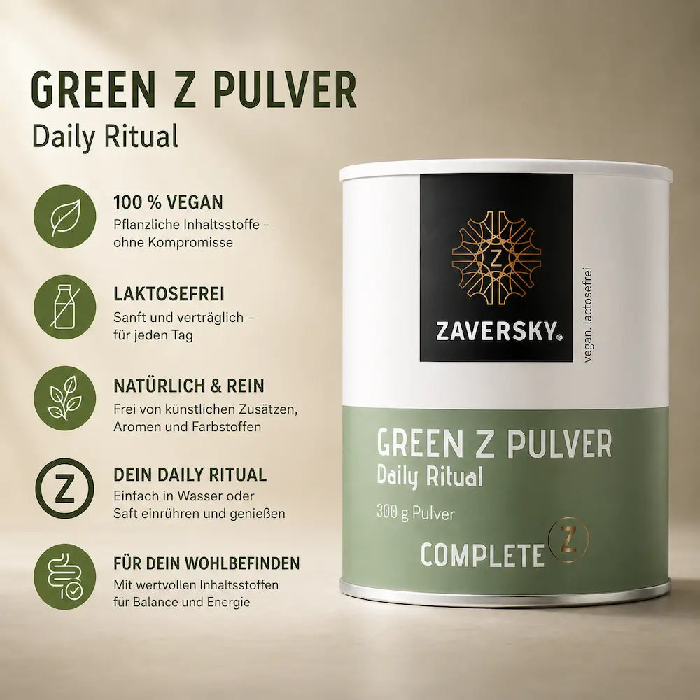Green Z Pulver Daily Ritual von Zaversky, 300 g Dose in Grün-Weiß, mit Hinweisen zu vegan, laktosefrei und natürlichen Inhaltsstoffen