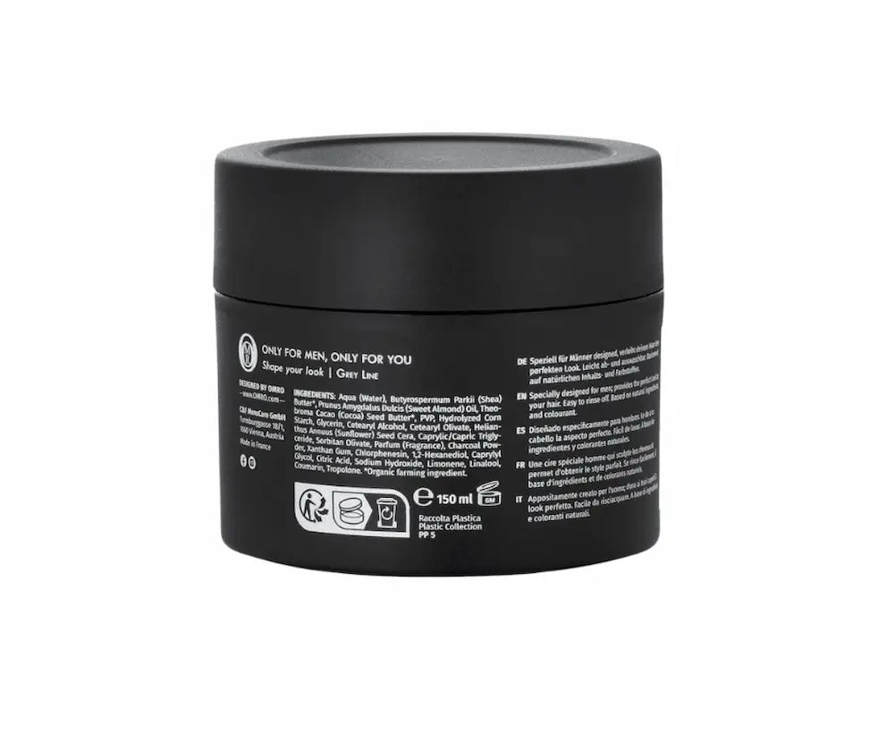 OMRO Grey Line Hair Wax für Männer im schwarzen Tiegel, 150 ml, Rückseite mit Inhaltsstoffen und mehrsprachiger Produktbeschreibung.