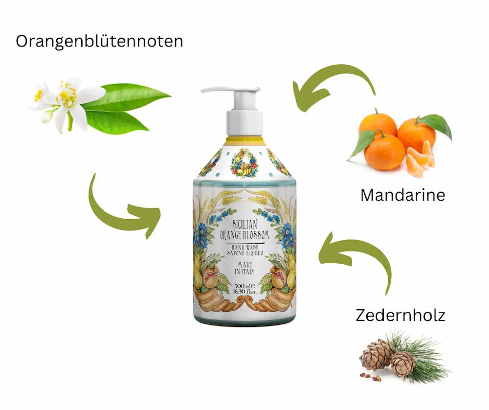 Flüssige Handseife Sicilian Orange Blossom in 500 ml Pumpflasche mit Duftnoten Orangenblüte, Mandarine und Zedernholz.