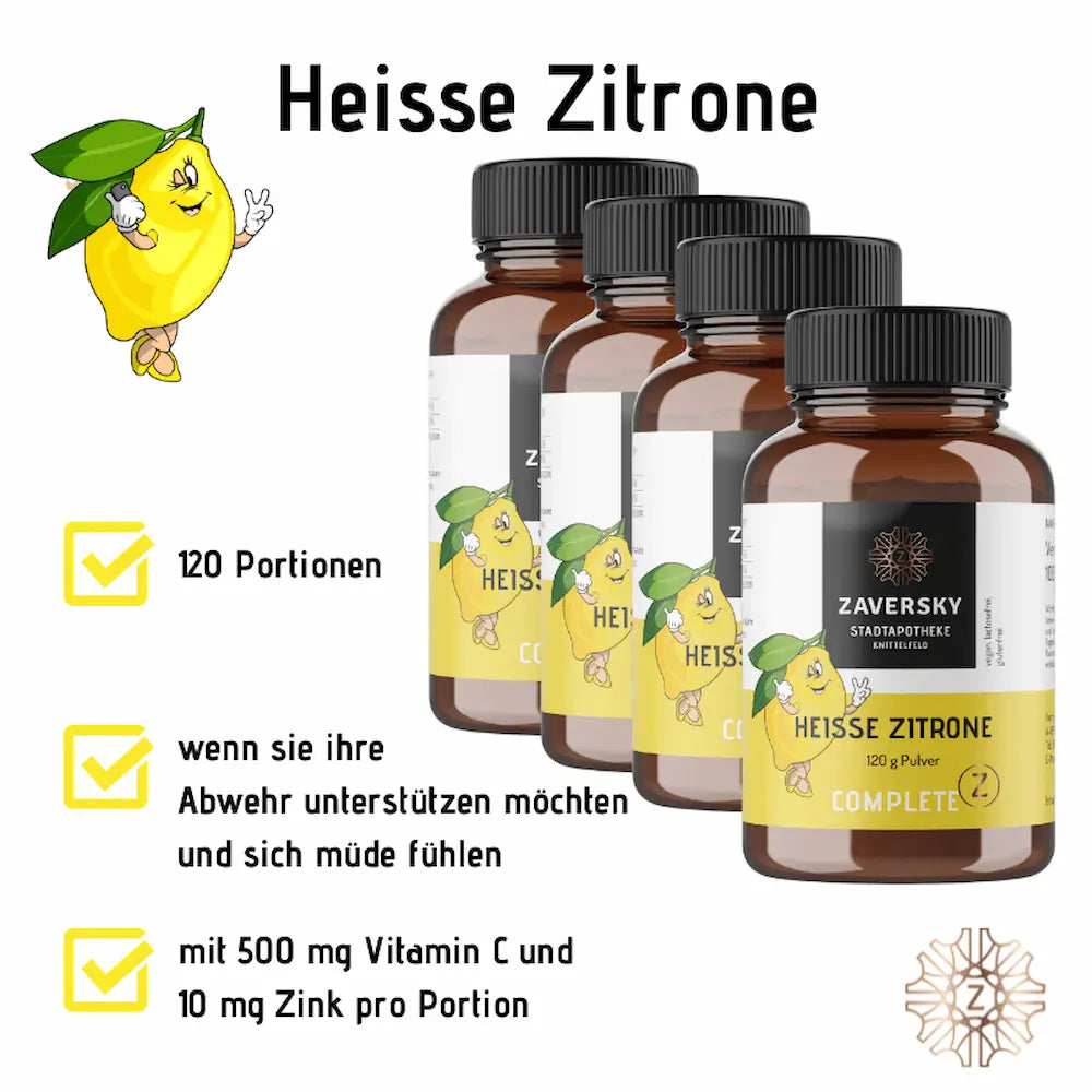 Heisse Zitrone Complete Pulver von Zaversky Stadtapotheke Knittelfeld, vier Braunglasdosen mit 120 g, 500 mg Vitamin C und 10 mg Zink pro Portion