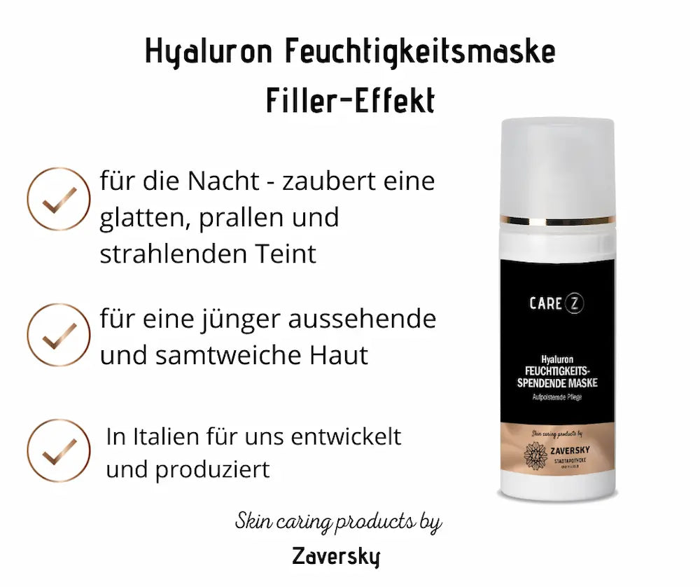 Care Z Hyaluron Feuchtigkeitsmaske mit Filler-Effekt, Infografik mit Spenderflasche und Hinweisen zu Nachtpflege, jüngerem Hautbild und Herstellung in Italien