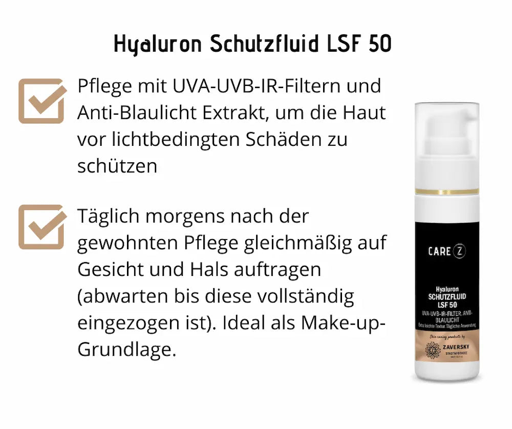 Care Z Hyaluron Schutzfluid LSF 50 in weißer Pumpflasche mit schwarzem Etikett, Infografik zu UVA-UVB-IR-Filtern, Anti-Blaulicht und Anwendung als Make-up-Grundlage
