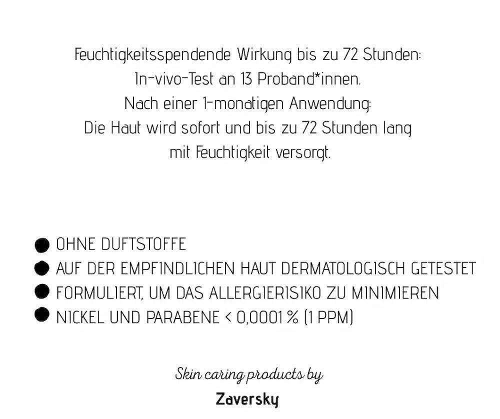 Infografik mit Studienergebnis zu 72 Stunden Feuchtigkeit, Hinweisen ohne Duftstoffe, dermatologisch getestet, Zaversky