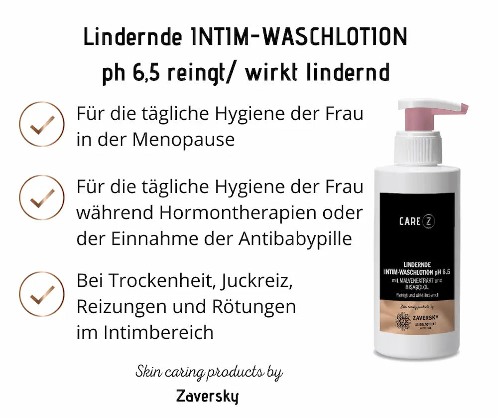 Infografik zur CARE Z Lindernden Intim-Waschlotion pH 6,5 von Zaversky mit weißer Pumpflasche und Hinweisen zur täglichen Hygiene bei Trockenheit und Reizungen