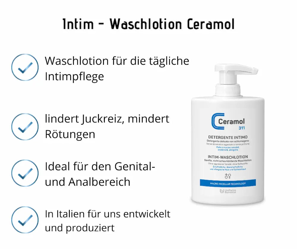 Ceramol 311 Intim-Waschlotion in weißer Pumpflasche mit Infografik zu täglicher Intimpflege sowie Linderung von Juckreiz und Rötungen