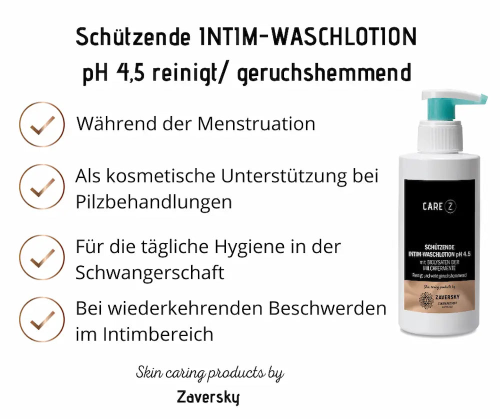 Infografik zur CARE Z Schützenden Intim-Waschlotion pH 4,5 mit weißer Pumpflasche und vier Anwendungsgebieten im Intimbereich
