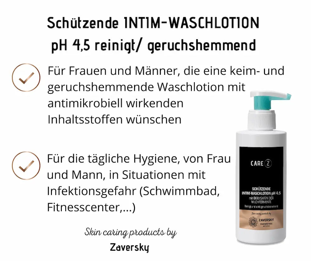 Infografik zur schützenden Intim-Waschlotion pH 4,5 von CARE Z, weiße Pumpflasche mit schwarzem Etikett und Hinweisen zur Anwendung