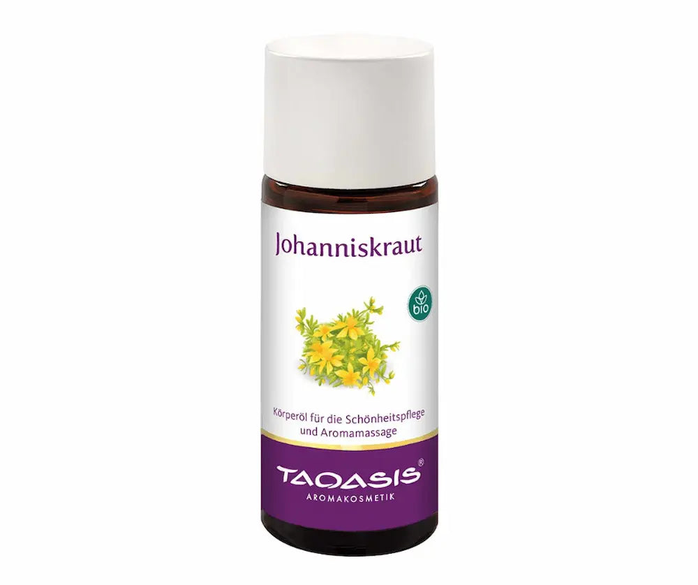Taoasis Johanniskraut Körperöl in brauner Glasflasche mit weißem Verschluss, Bio-Siegel und Etikett mit gelber Blütenillustration
