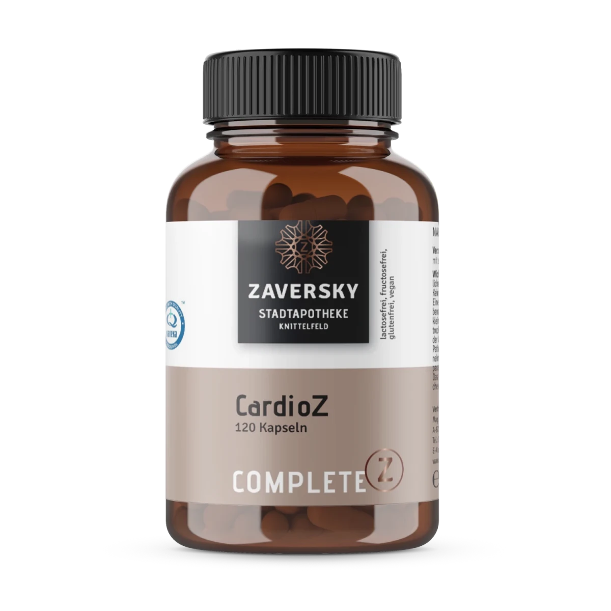 Zaversky CardioZ Complete Z Braunglas mit 120 Kapseln, lactosefrei, fructosefrei, glutenfrei und vegan, Vorderansicht