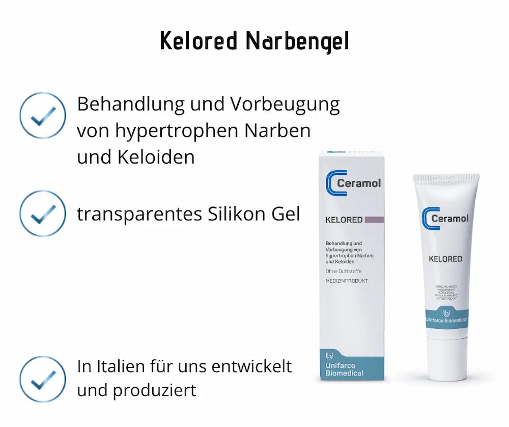 Infografik zum Kelored Ceramol Narbengel mit Faltschachtel und Tube, Hinweisen zu hypertrophen Narben, Keloiden und transparentem Silikon Gel.